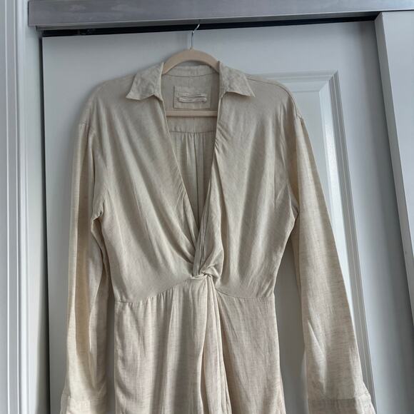 By Anthropologie V-Neck Knot Front Linen Midi Dress 6P Cream Minimalist Neutral - Picture 5 of 13